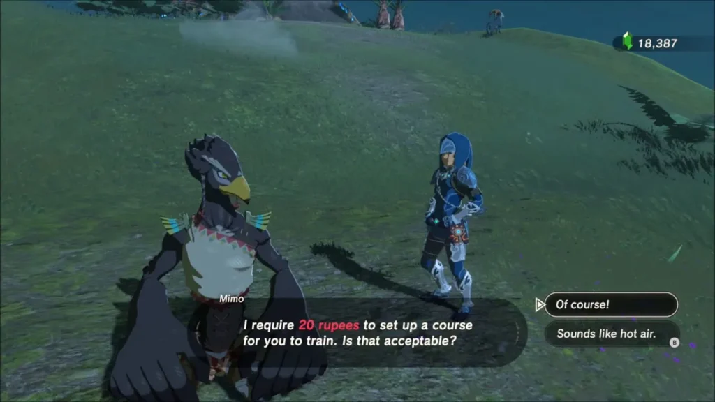 Mimo the Rito asking Link for 20 rupees to set up the Paraglider Course