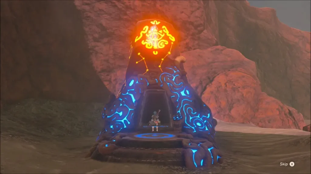 Mirro Shaz Shrine doorway lit blue with Link at the entrance