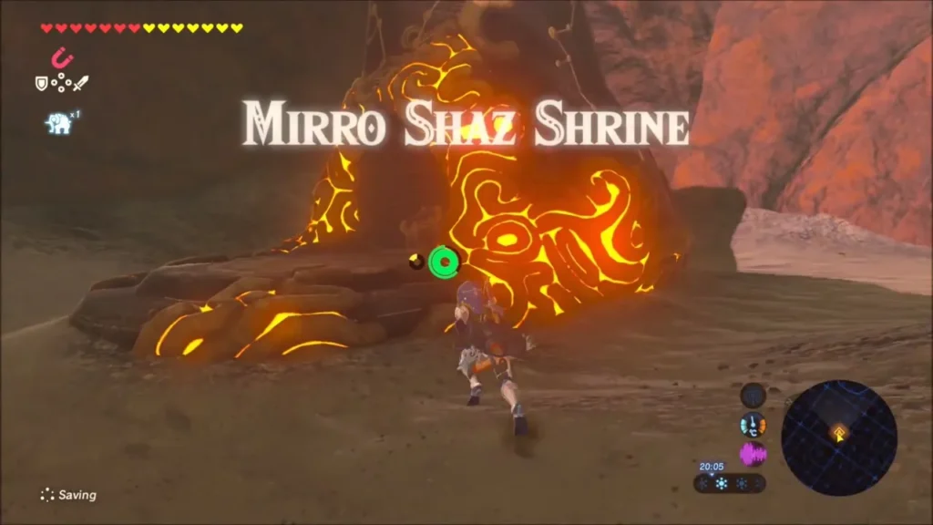 Link running up to the glowing Mirro Shaz Shrine with its name on screen