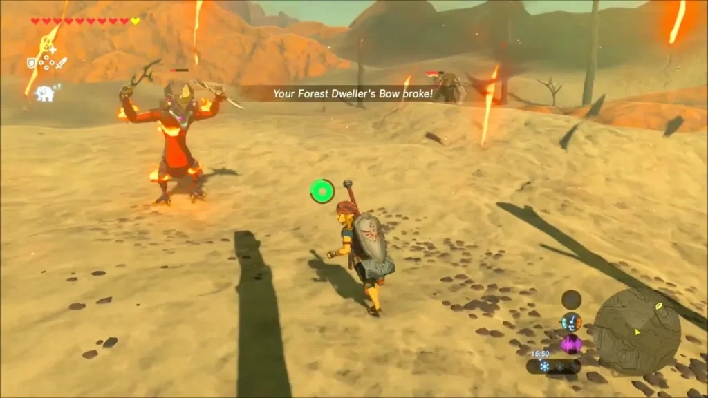 A fiery Moblin charging Link on a dry slope
