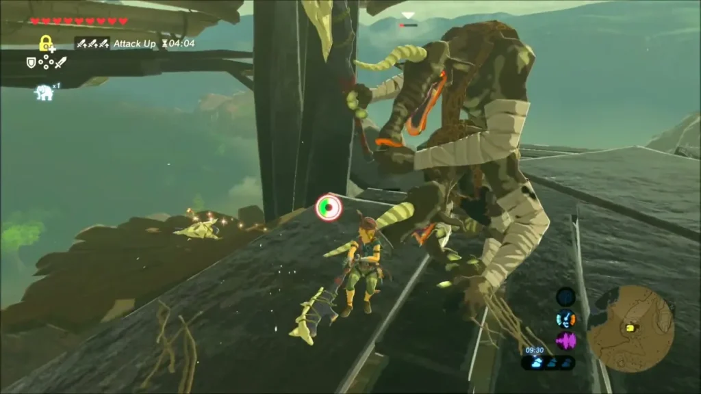 Link fighting a Moblin on the dark plank platform of the cliff camp