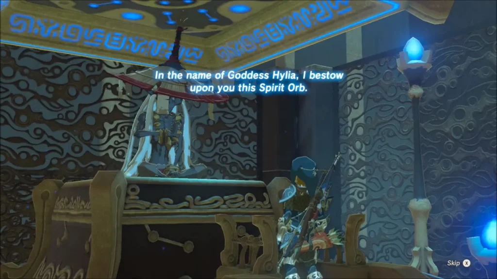 The monk speaks the blessing as Link kneels at the altar to receive the Spirit Orb