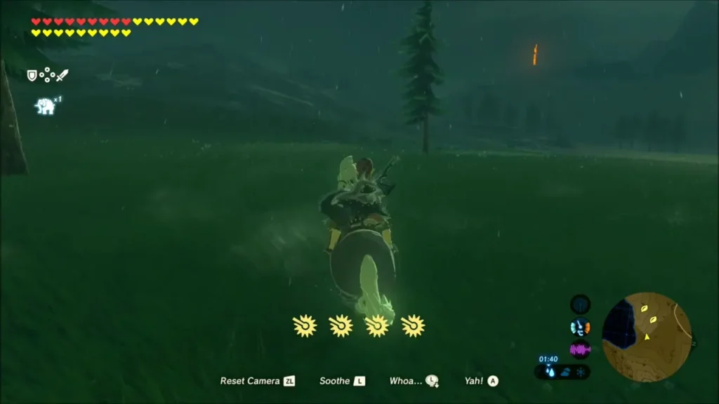 Link riding his horse across the grassland at night