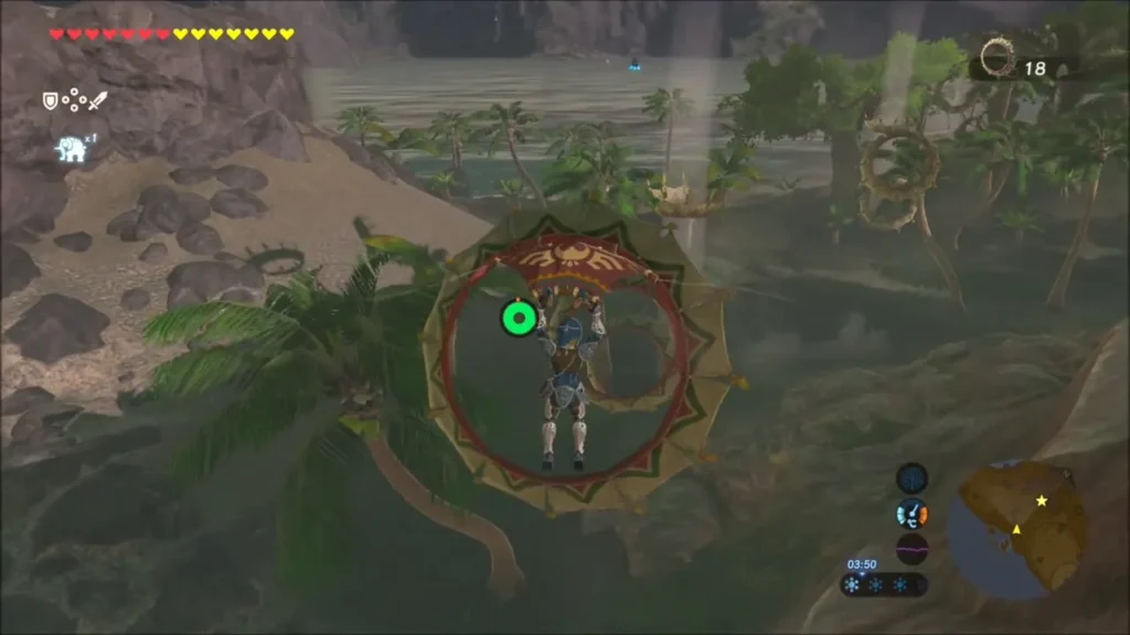 Link gliding through a ring over the palm-covered island
