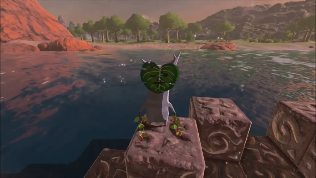 A Korok standing on the stone blocks beside the islet