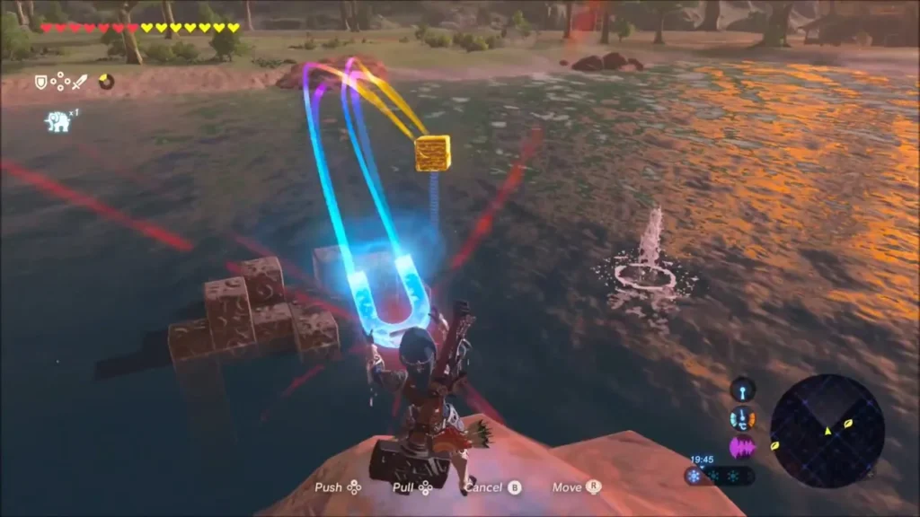 Link using Magnesis on a metal block in the water beside stone blocks