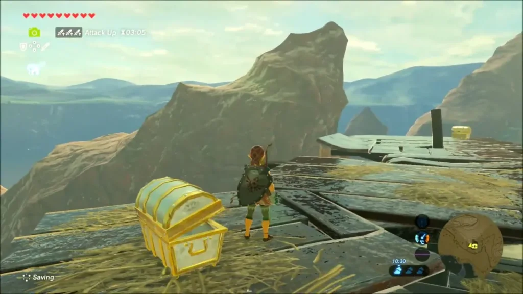 A golden chest on the plank platform with Link standing beside it