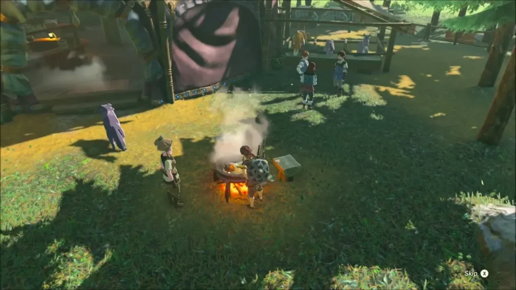 Link tending the steaming pot in the stable yard
