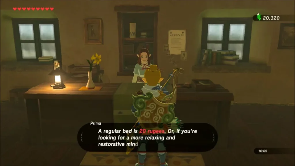 Prima at the inn desk quoting the price of a regular bed