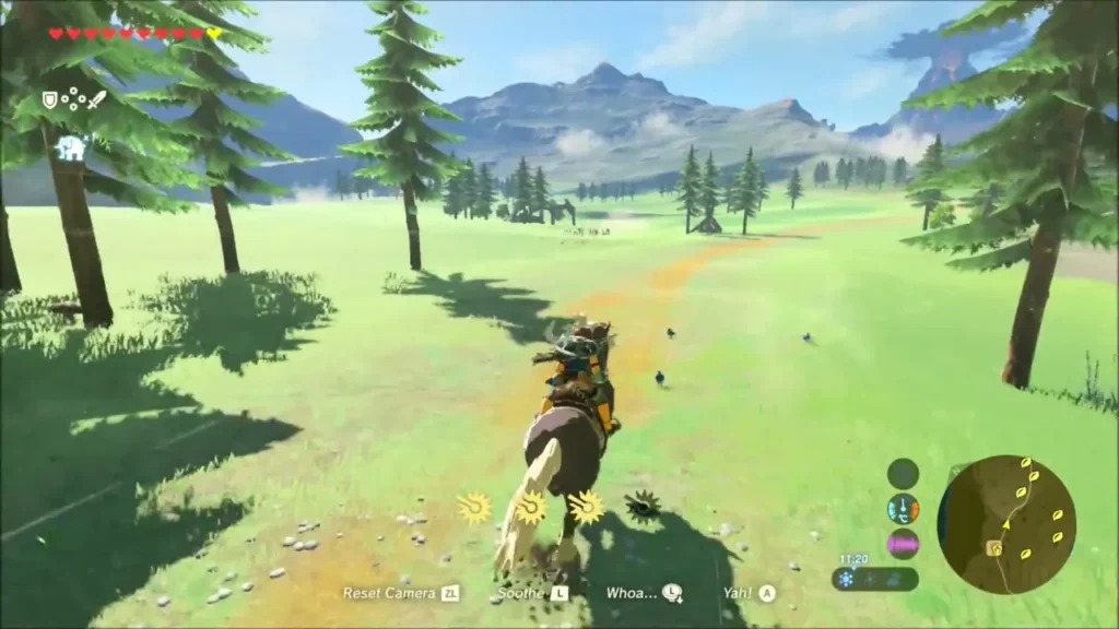 Link riding his horse along a dirt road over the green grassland