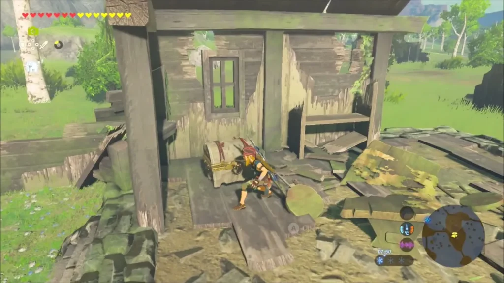Link opening a chest among planks of a ruined hut