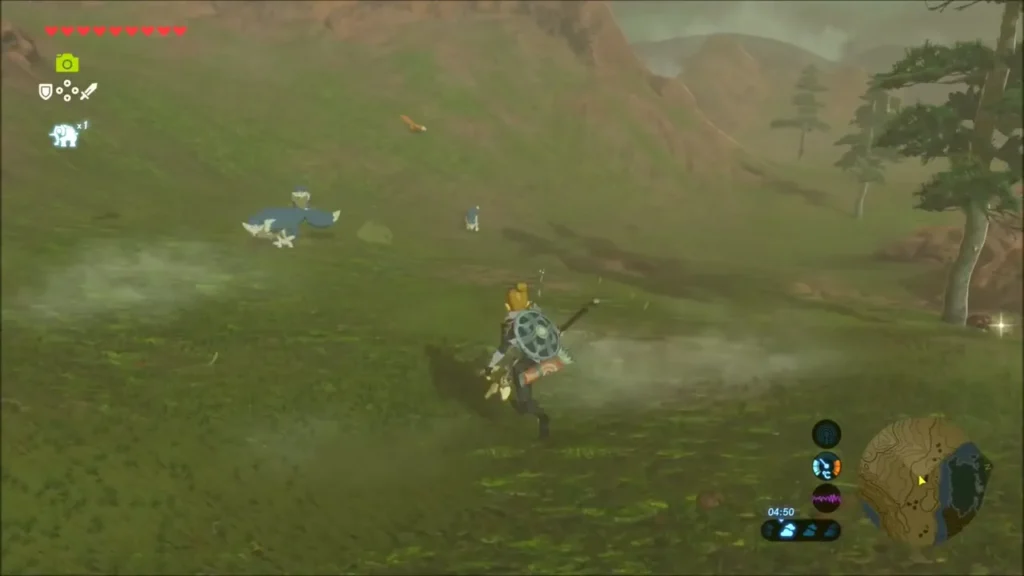 Link running across the grassland past a wolf toward the Forgotten Temple