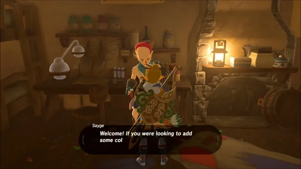 Sayge greeting Link inside the Hateno dye shop