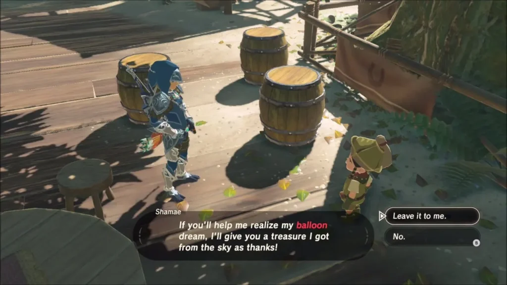 Shamae asks Link to help make her balloon dream come true beside the barrels at Woodland Stable