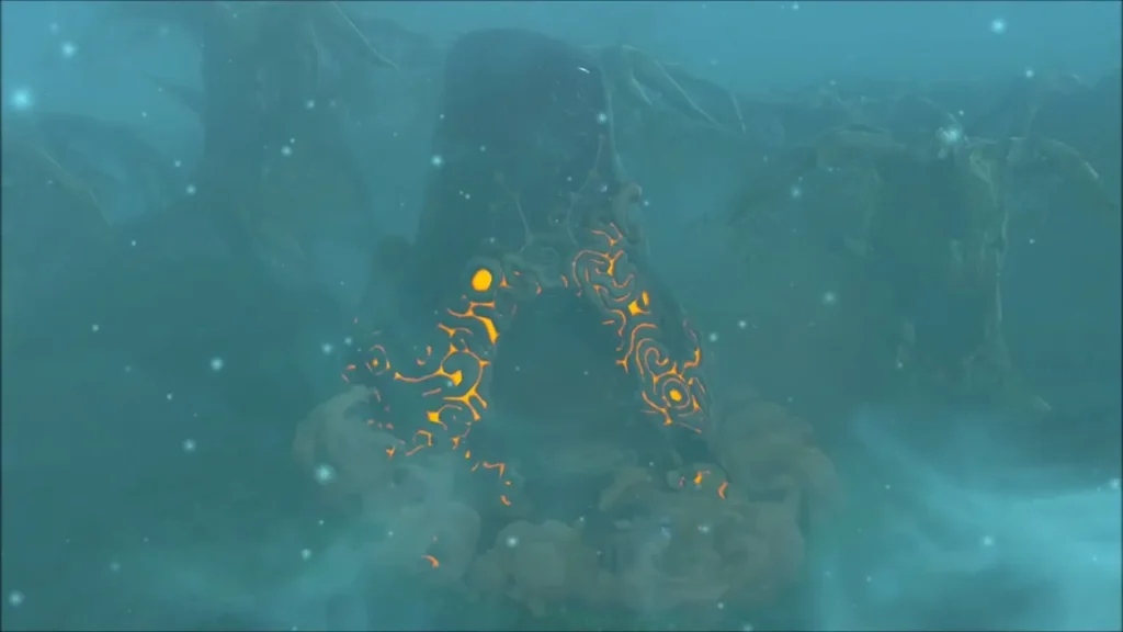 Kuhn Sidajj Shrine rising from the fog with glowing orange lines