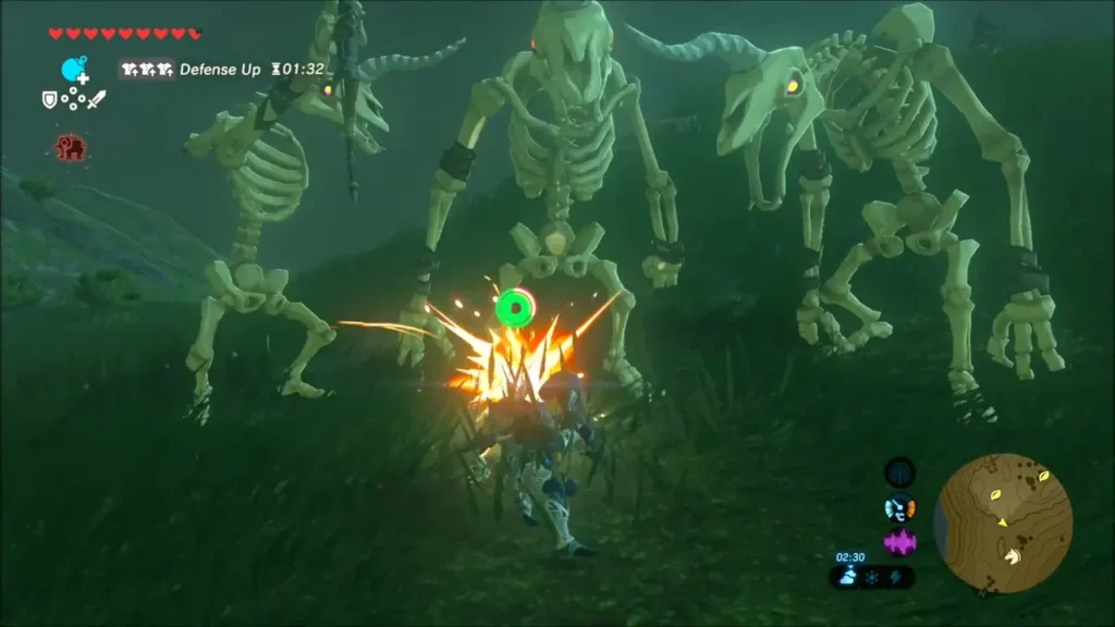 Link fighting a pack of giant skeleton monsters in a dark grassy forest