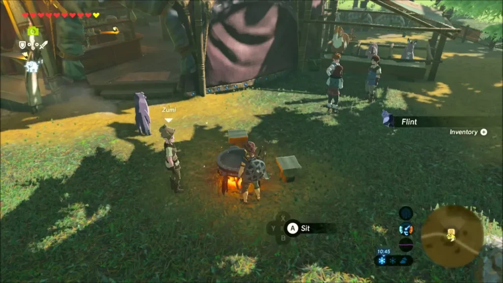 Link standing at the stable's cooking pot with a villager beside him