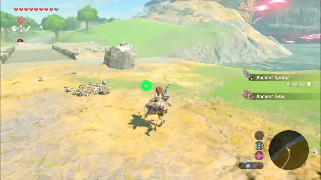 Link collecting Ancient Spring and Ancient Gear drops beside the wreckage
