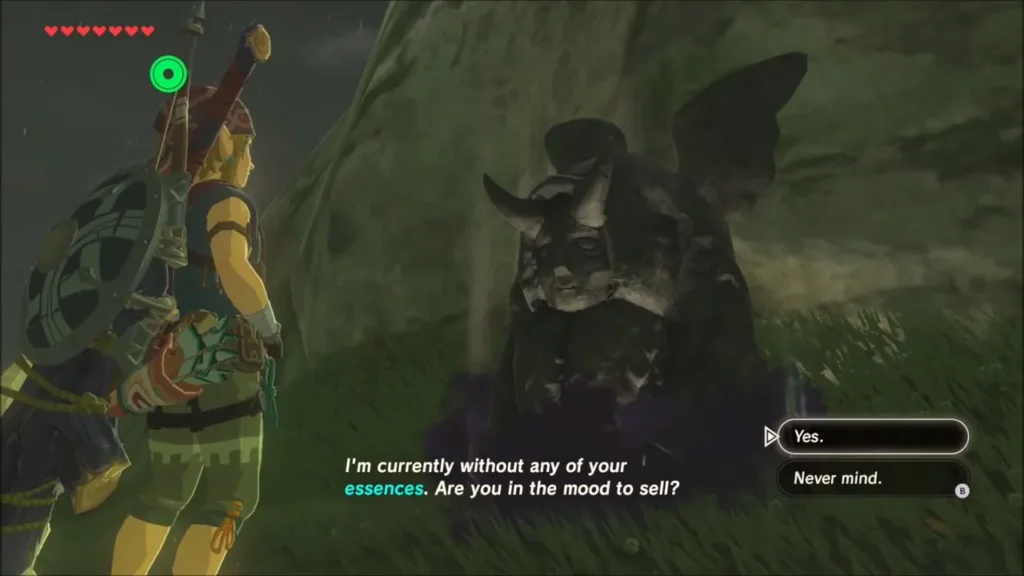 Link facing the dark statue as it offers to buy his essences