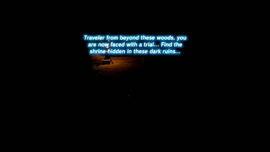 A voice in the pitch-black ruins tells Link to find the hidden shrine