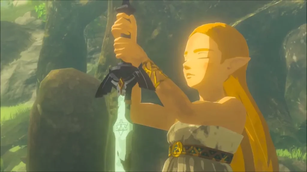 Zelda holding the Master Sword upright in the flashback