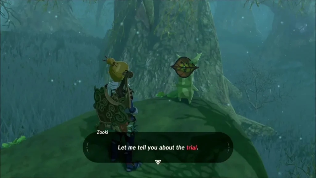 Zooki the Korok speaking to Link on a rock in the Lost Woods