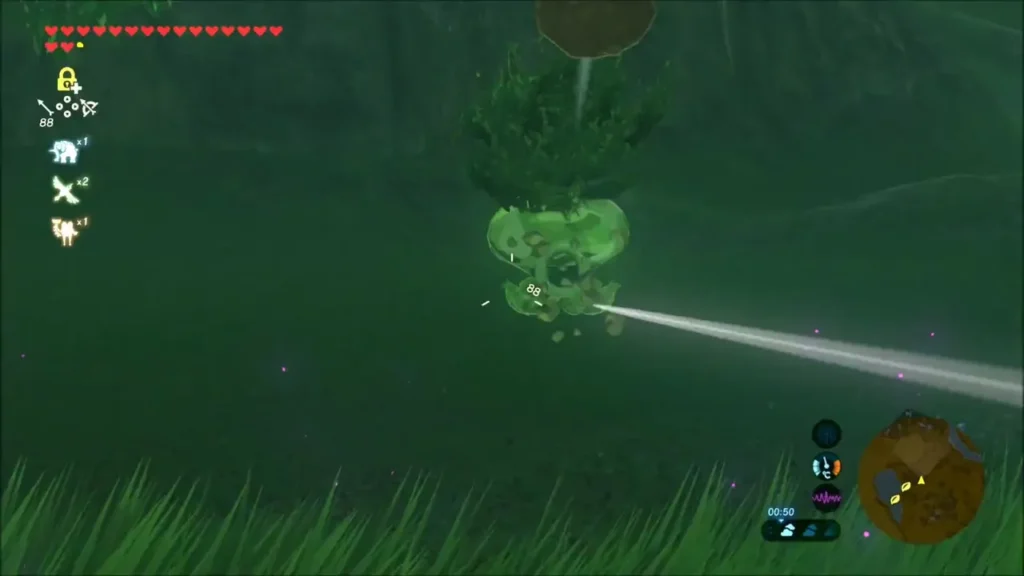 Arrow striking a Korok hidden in a clump of leaves in a tree Arrow striking a Korok hidden in a clump of leaves in a tree