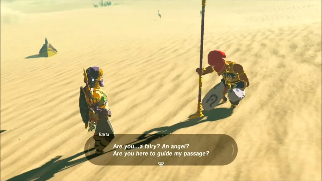 Barta, a Gerudo guard, kneeling exhausted in the desert sand Barta, a Gerudo guard, kneeling exhausted in the desert sand