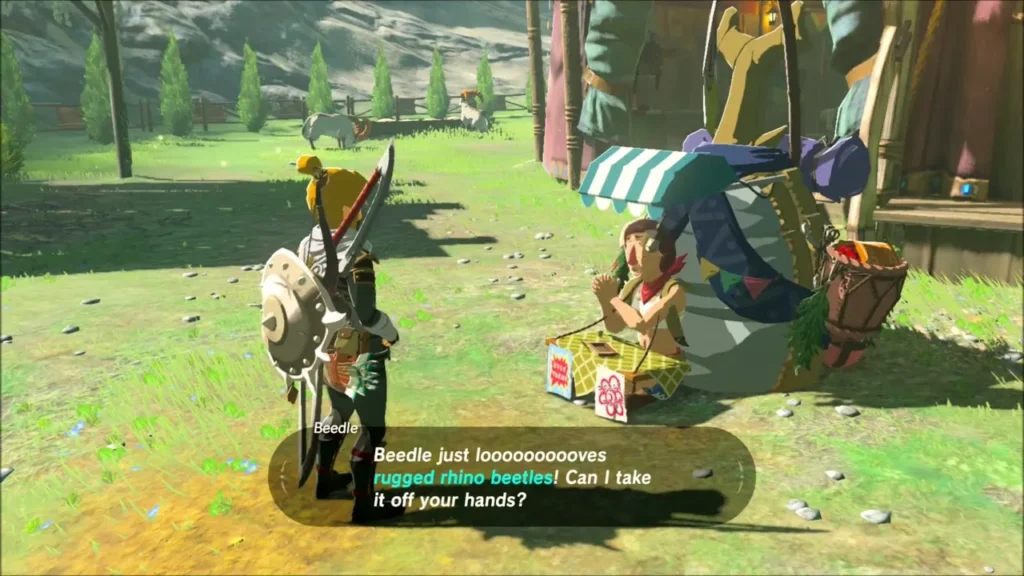 Beedle sitting by his pack near the stable, ready to buy materials Beedle sitting by his pack near the stable, ready to buy materials