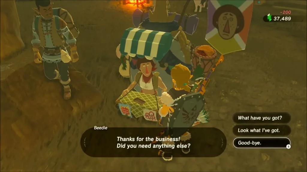 Beedle behind his stall greeting Link after a purchase Beedle behind his stall greeting Link after a purchase