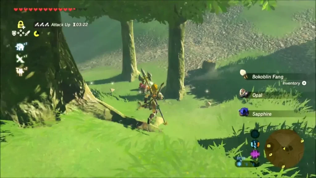 Link collecting a Bokoblin Fang, Opal and Sapphire dropped on the hillside Link collecting a Bokoblin Fang, Opal and Sapphire dropped on the hillside