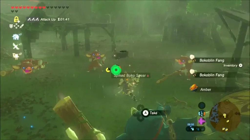 Link picking up Bokoblin Fangs and Amber among defeated Bokoblins in the rain Link picking up Bokoblin Fangs and Amber among defeated Bokoblins in the rain