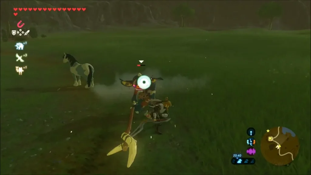 Link striking a Bokoblin next to a loose horse Link striking a Bokoblin next to a loose horse