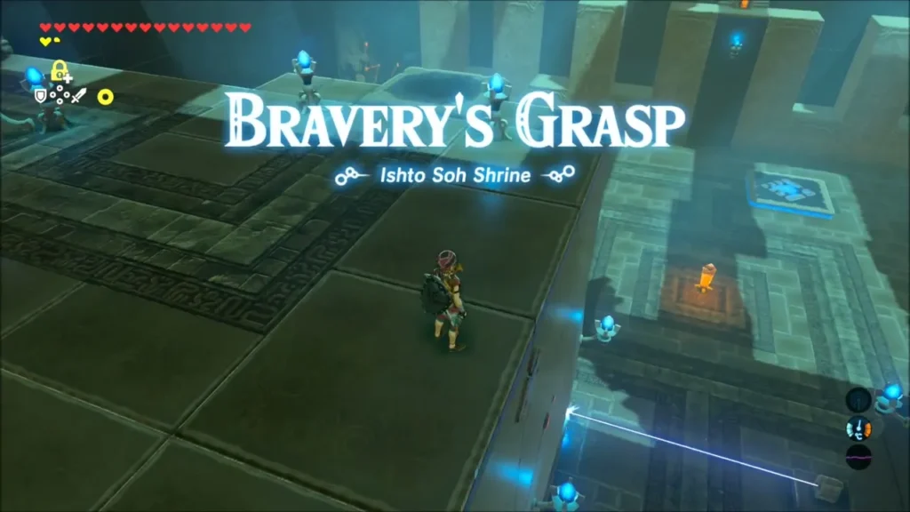 Bravery's Grasp title card in Ishto Soh Shrine as Link enters the first room Bravery's Grasp title card in Ishto Soh Shrine as Link enters the first room