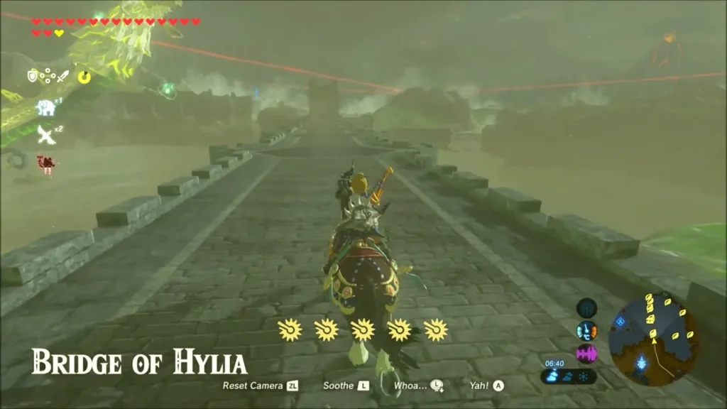 Bridge of Hylia title card as Link rides onto the stone bridge Bridge of Hylia title card as Link rides onto the stone bridge
