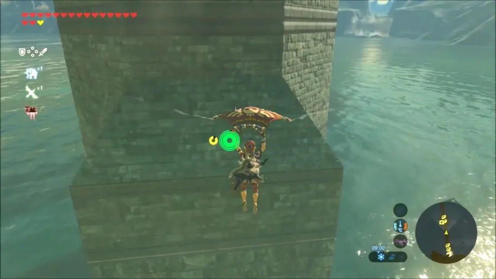 Link paragliding down a stone pier of the Bridge of Hylia Link paragliding down a stone pier of the Bridge of Hylia