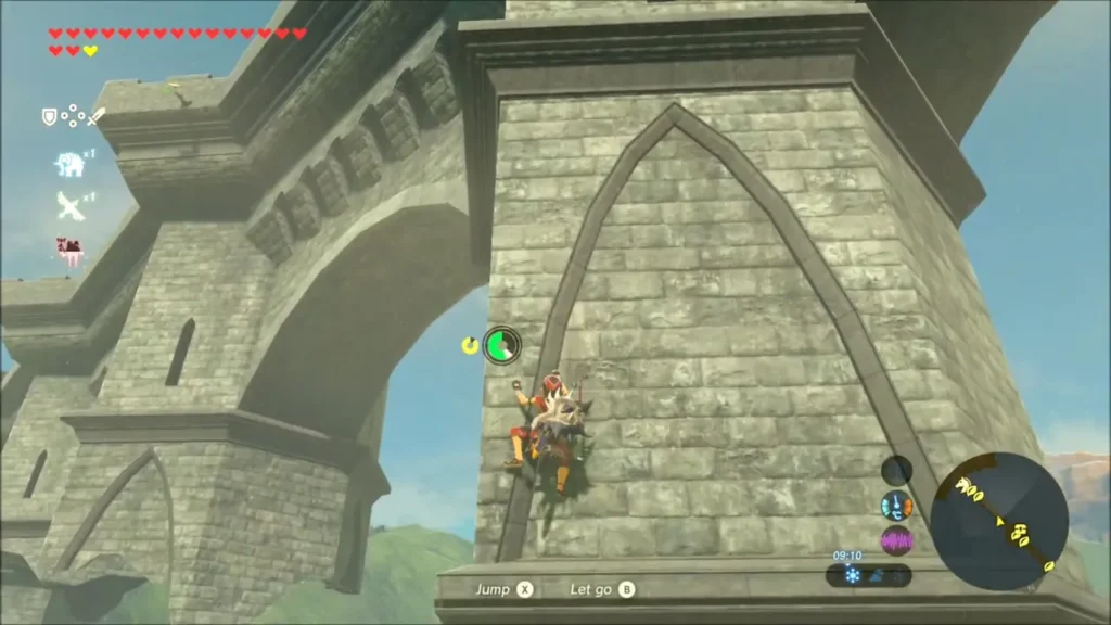 Link climbing the arched stone tower of the Bridge of Hylia Link climbing the arched stone tower of the Bridge of Hylia