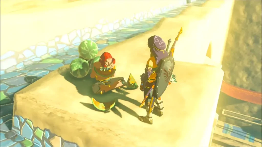 Link standing on a rooftop beside Calyban sitting among melons and rinds Link standing on a rooftop beside Calyban sitting among melons and rinds