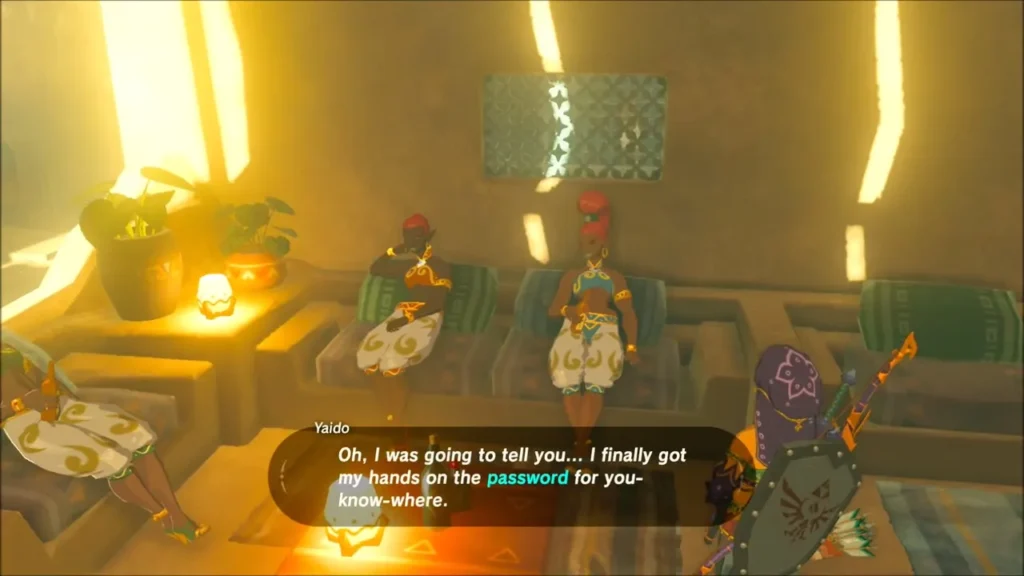 Gerudo women gossiping on cushions in the Noble Canteen about the club password Gerudo women gossiping on cushions in the Noble Canteen about the club password