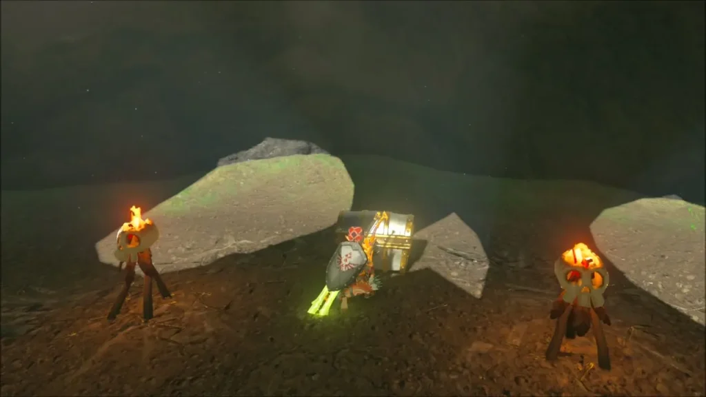 Link at a chest between two torches inside the cave Link at a chest between two torches inside the cave