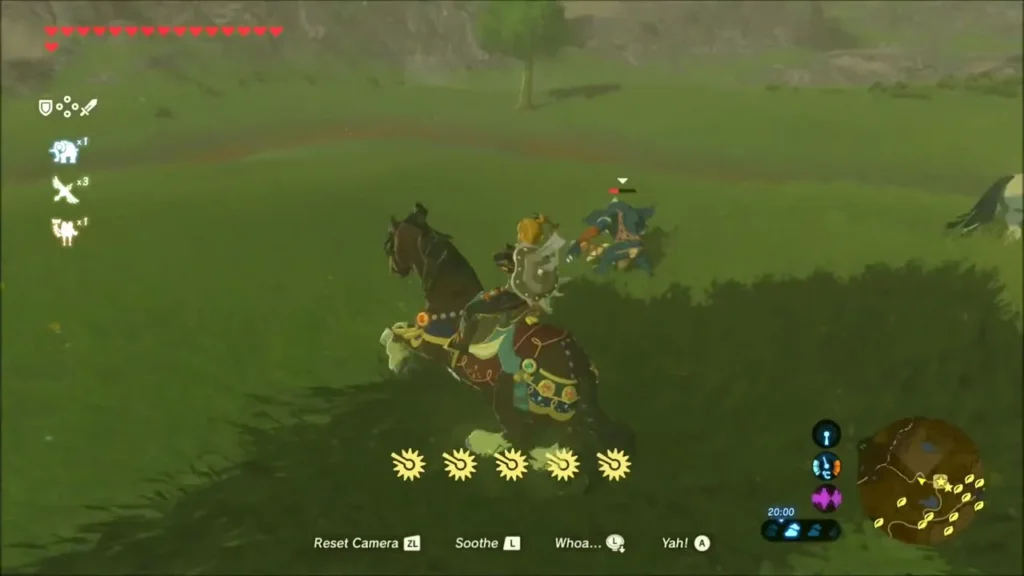 Link on horseback closing in on a Bokoblin rider in the field Link on horseback closing in on a Bokoblin rider in the field