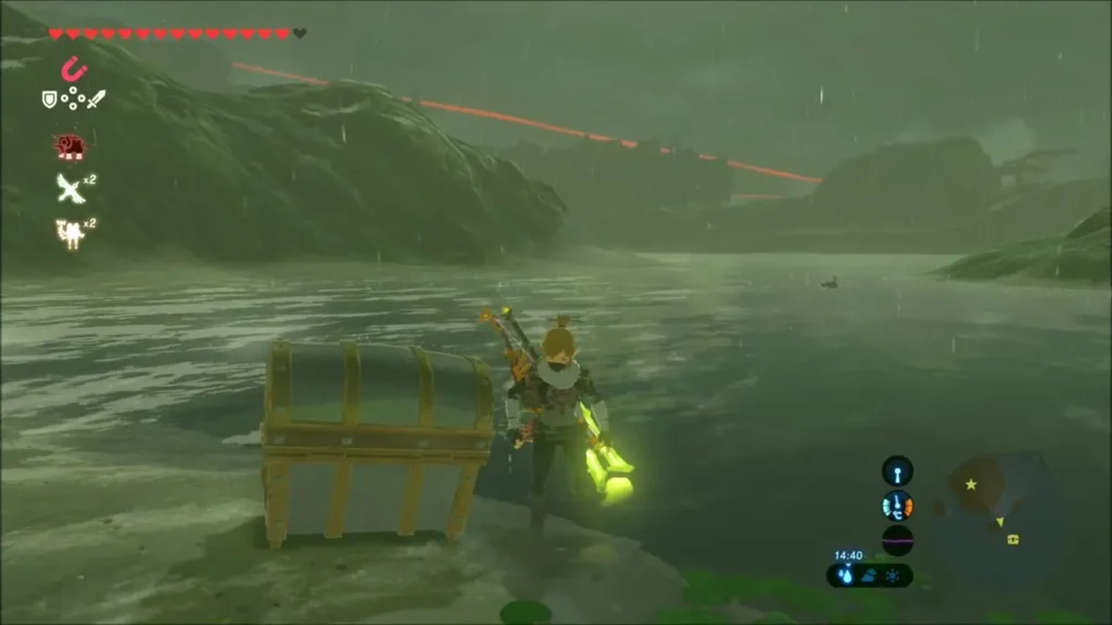 A chest resting on the shore of a small islet in the rain A chest resting on the shore of a small islet in the rain
