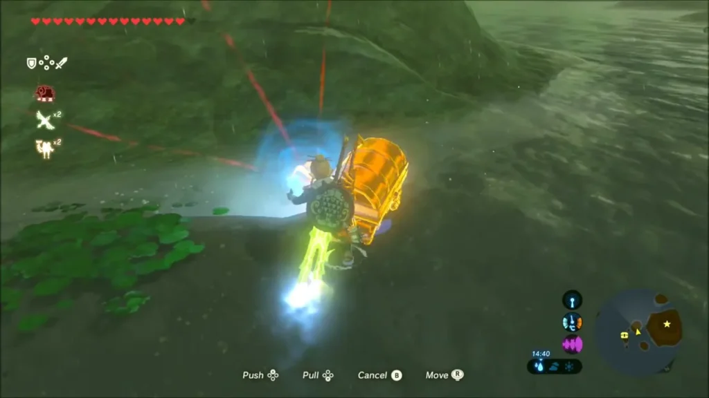 A golden chest rising beside Link as he pulls it with Magnesis A golden chest rising beside Link as he pulls it with Magnesis