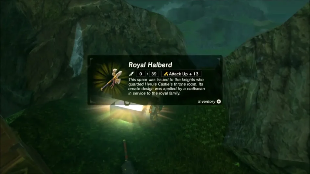 Link opening a chest beside the boulder and receiving a Royal Halberd Link opening a chest beside the boulder and receiving a Royal Halberd