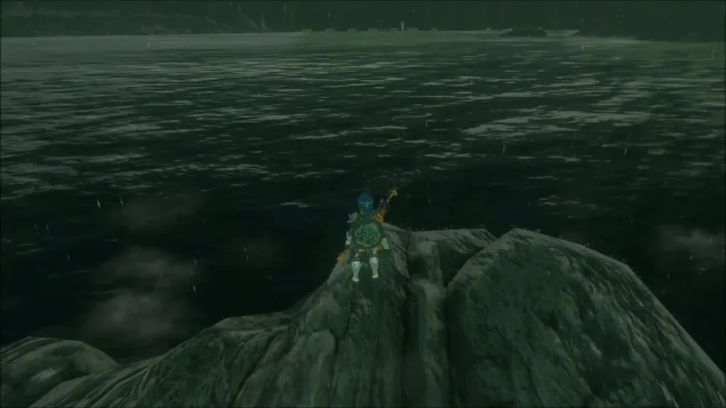 Link standing on top of the rocky outcrop above the dark lake Link standing on top of the rocky outcrop above the dark lake