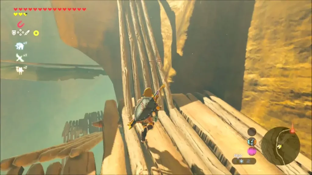 Link climbing a long wooden scaffold along the canyon cliff Link climbing a long wooden scaffold along the canyon cliff