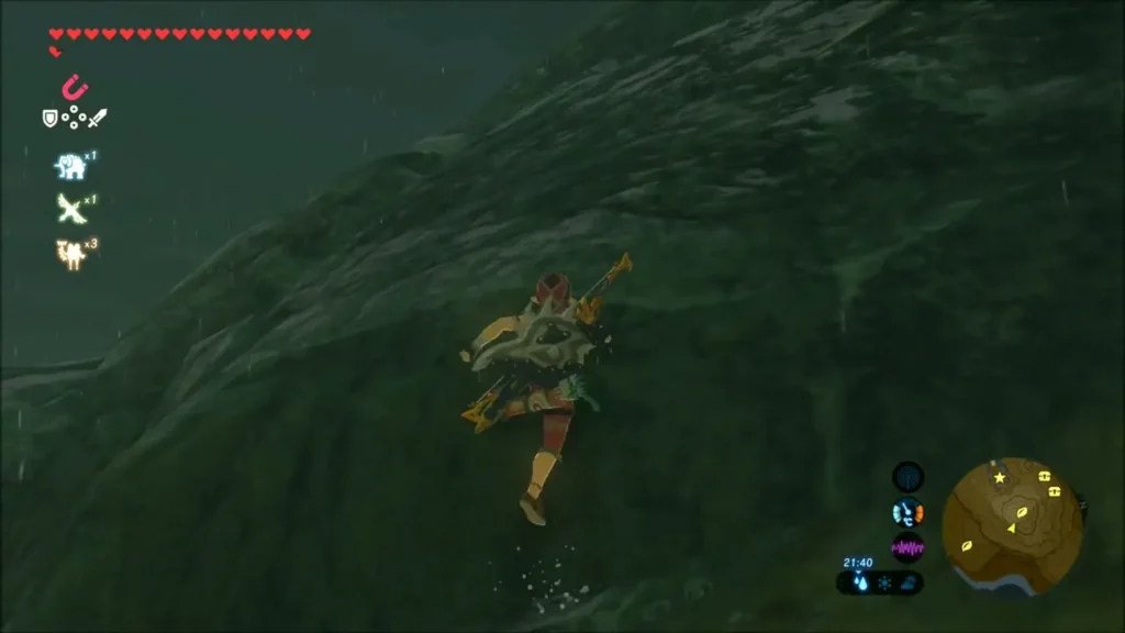 Link climbing the steep dark ridge behind the ruins in the rain Link climbing the steep dark ridge behind the ruins in the rain