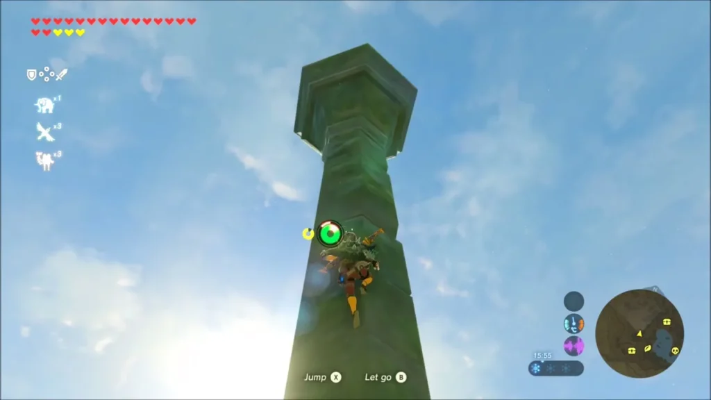 Link clinging to the tall stone pillar and climbing toward its top Link clinging to the tall stone pillar and climbing toward its top