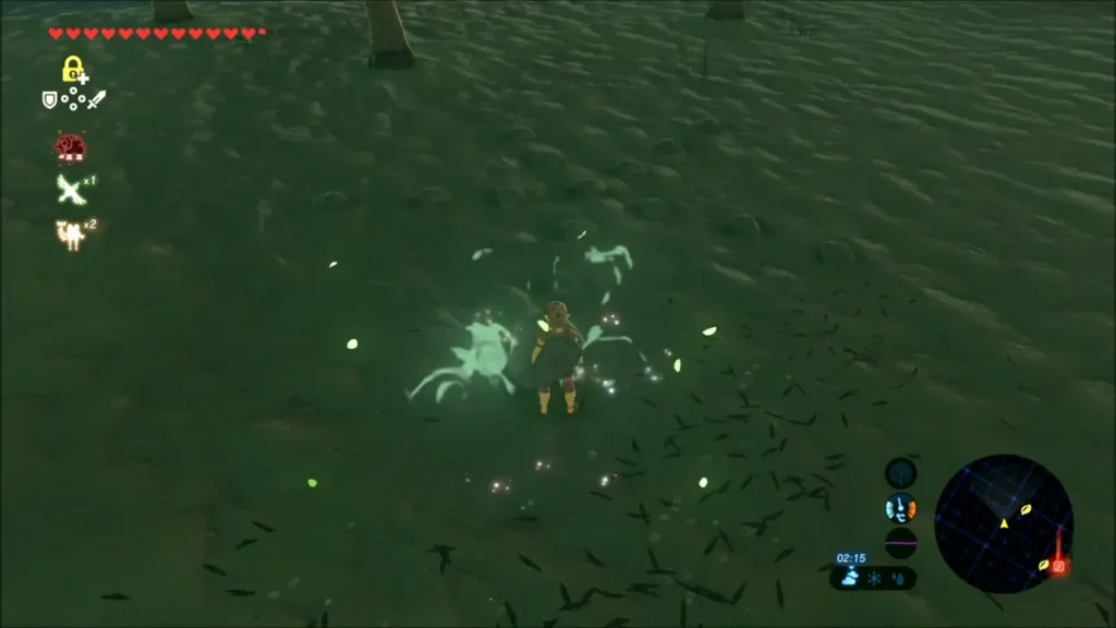 Link standing in green sparkles after setting the rock down Link standing in green sparkles after setting the rock down