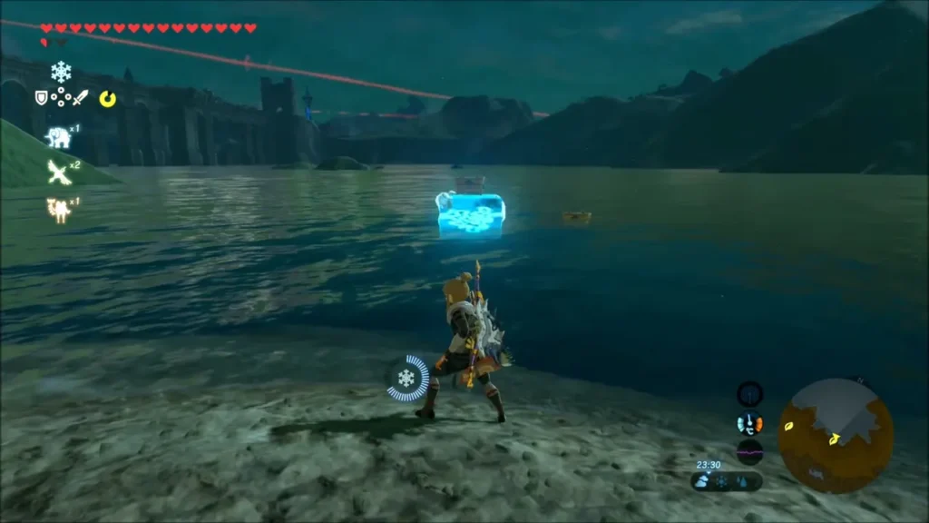 Link on the shore aiming Cryonis at an ice block target in the lake Link on the shore aiming Cryonis at an ice block target in the lake